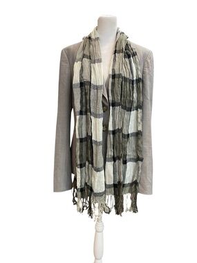 PLAID Scarf lightweight gauzy black gray white bottom fringe